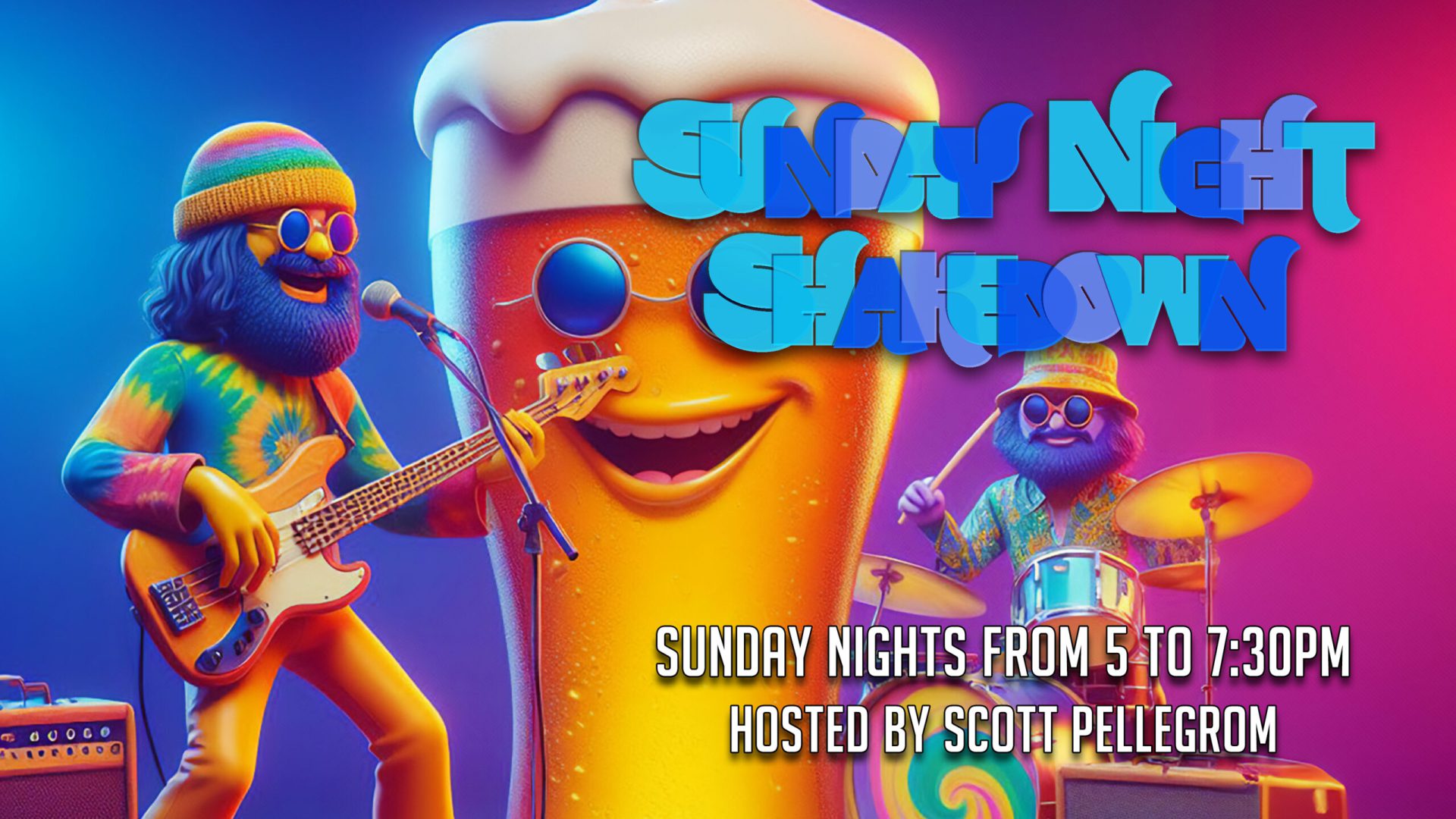 Colorful graphic featuring a large beer glass and musicians performing at the Sunday Night Shakedown event.