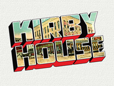 Signage featuring the words 'Kirby House' in a stylized font with a colorful background.