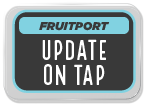 Sign displaying 'Fruitport Update on Tap' with a modern design and bold typography.