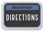 Sign indicating directions to Fruitport with a blue and black design.