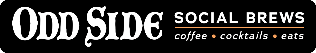 Logo for Odd Side Social Brews featuring the text 'Odd Side' and 'Social Brews' with icons for coffee, cocktails, and eats.
