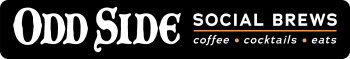 Logo for Odd Side Social Brews featuring the text 'Odd Side' and 'Social Brews' with icons for coffee, cocktails, and eats.