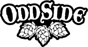 Logo of Odd Side Ales featuring stylized text and hop illustrations on a black background.
