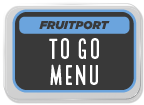 Black and blue sign displaying 'Fruitport To Go Menu' with a rectangular shape and bold lettering.